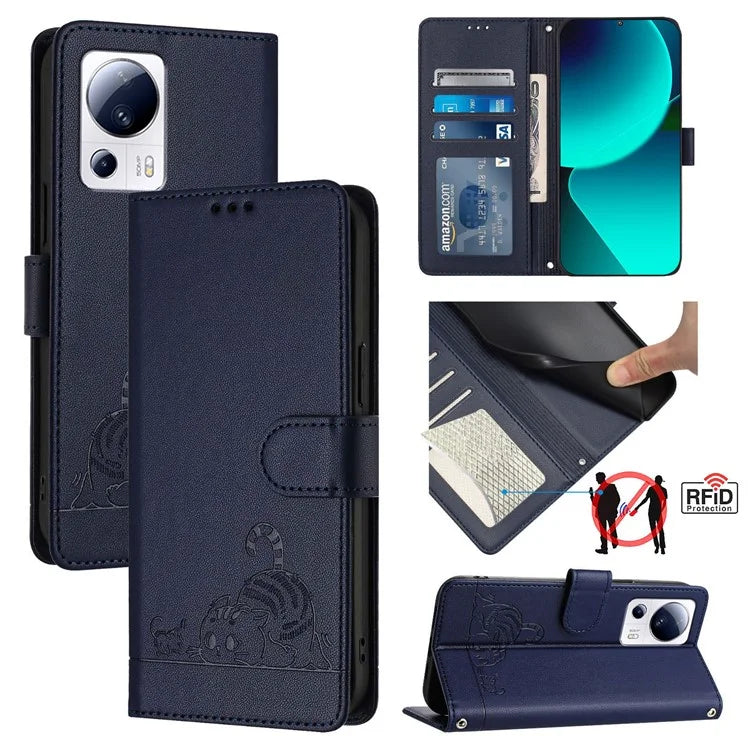 YB Imprinting Series-9 for Xiaomi 13 Lite / Civi 2 5G Case RFID Blocking Cat Imprinted Leather Phone Cover