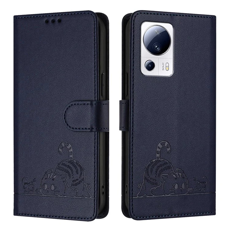 YB Imprinting Series-9 for Xiaomi 13 Lite / Civi 2 5G Case RFID Blocking Cat Imprinted Leather Phone Cover