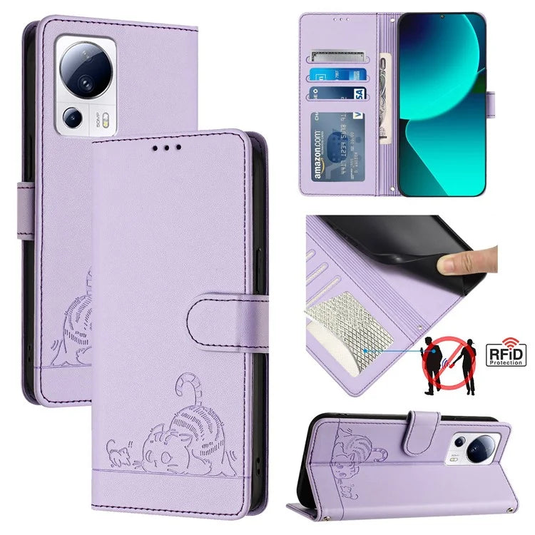 YB Imprinting Series-9 for Xiaomi 13 Lite / Civi 2 5G Case RFID Blocking Cat Imprinted Leather Phone Cover