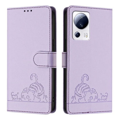 YB Imprinting Series-9 for Xiaomi 13 Lite / Civi 2 5G Case RFID Blocking Cat Imprinted Leather Phone Cover