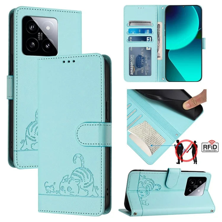 YB Imprinting Series-9 for Xiaomi 14 Case Cat Rat Pattern RFID Blocking Leather Phone Cover