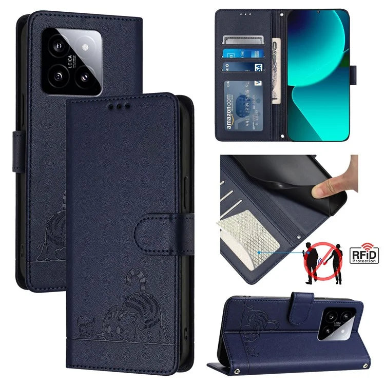 YB Imprinting Series-9 for Xiaomi 14 Case Cat Rat Pattern RFID Blocking Leather Phone Cover