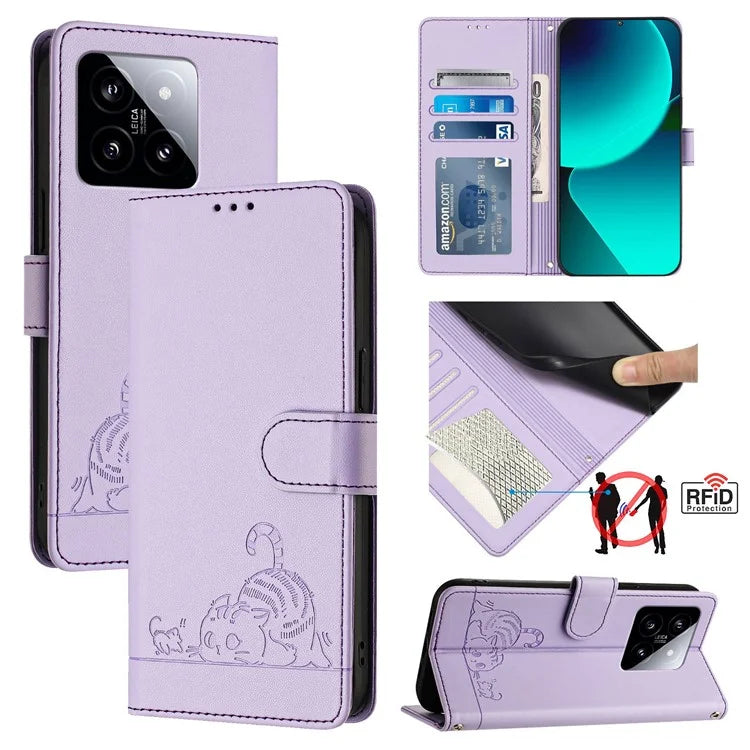 YB Imprinting Series-9 for Xiaomi 14 Case Cat Rat Pattern RFID Blocking Leather Phone Cover