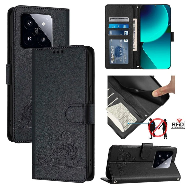 YB Imprinting Series-9 for Xiaomi 14 Pro Case Cat Mouse Leather Phone Cover Card Slots RFID Blocking