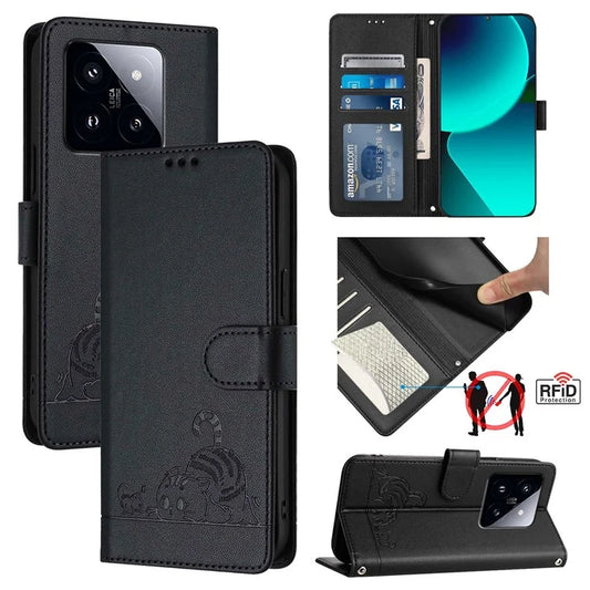 YB Imprinting Series-9 for Xiaomi 14 Pro Case Cat Mouse Leather Phone Cover Card Slots RFID Blocking