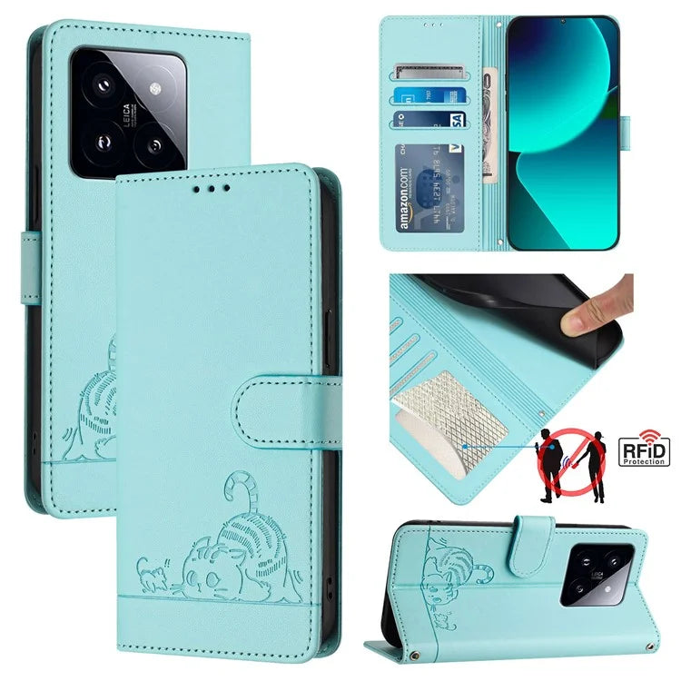 YB Imprinting Series-9 for Xiaomi 14 Pro Case Cat Mouse Leather Phone Cover Card Slots RFID Blocking