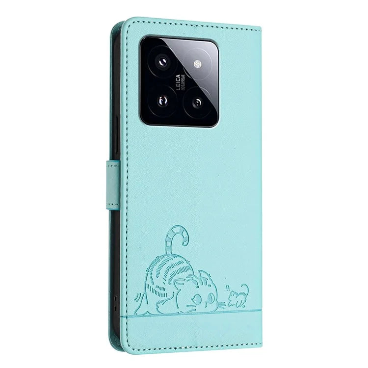 YB Imprinting Series-9 for Xiaomi 14 Pro Case Cat Mouse Leather Phone Cover Card Slots RFID Blocking