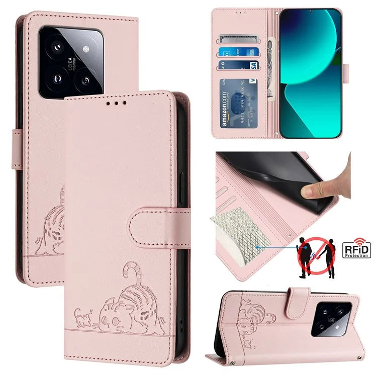 YB Imprinting Series-9 for Xiaomi 14 Pro Case Cat Mouse Leather Phone Cover Card Slots RFID Blocking