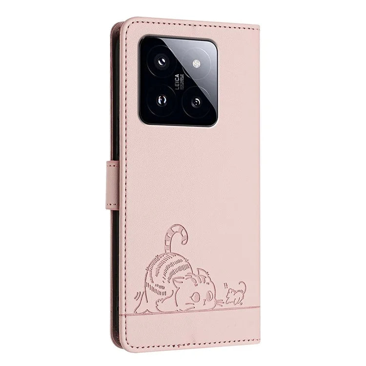YB Imprinting Series-9 for Xiaomi 14 Pro Case Cat Mouse Leather Phone Cover Card Slots RFID Blocking