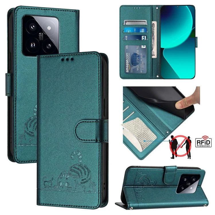 YB Imprinting Series-9 for Xiaomi 14 Pro Case Cat Mouse Leather Phone Cover Card Slots RFID Blocking