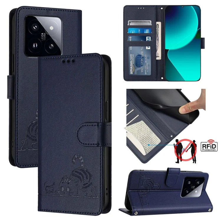 YB Imprinting Series-9 for Xiaomi 14 Pro Case Cat Mouse Leather Phone Cover Card Slots RFID Blocking