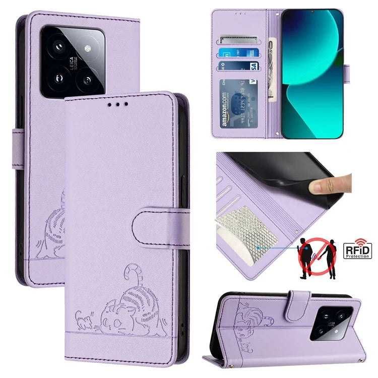 YB Imprinting Series-9 for Xiaomi 14 Pro Case Cat Mouse Leather Phone Cover Card Slots RFID Blocking