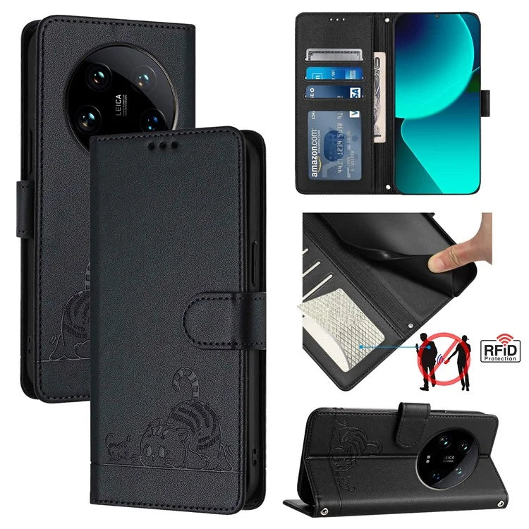 YB Imprinting Series-9 for Xiaomi 14 Ultra Case Flip Stand Function Leather Phone Cover Cat Mouse Pattern