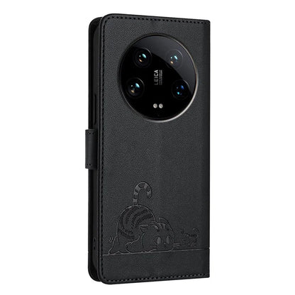 YB Imprinting Series-9 for Xiaomi 14 Ultra Case Flip Stand Function Leather Phone Cover Cat Mouse Pattern