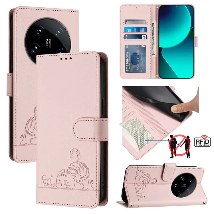 YB Imprinting Series-9 for Xiaomi 14 Ultra Case Flip Stand Function Leather Phone Cover Cat Mouse Pattern