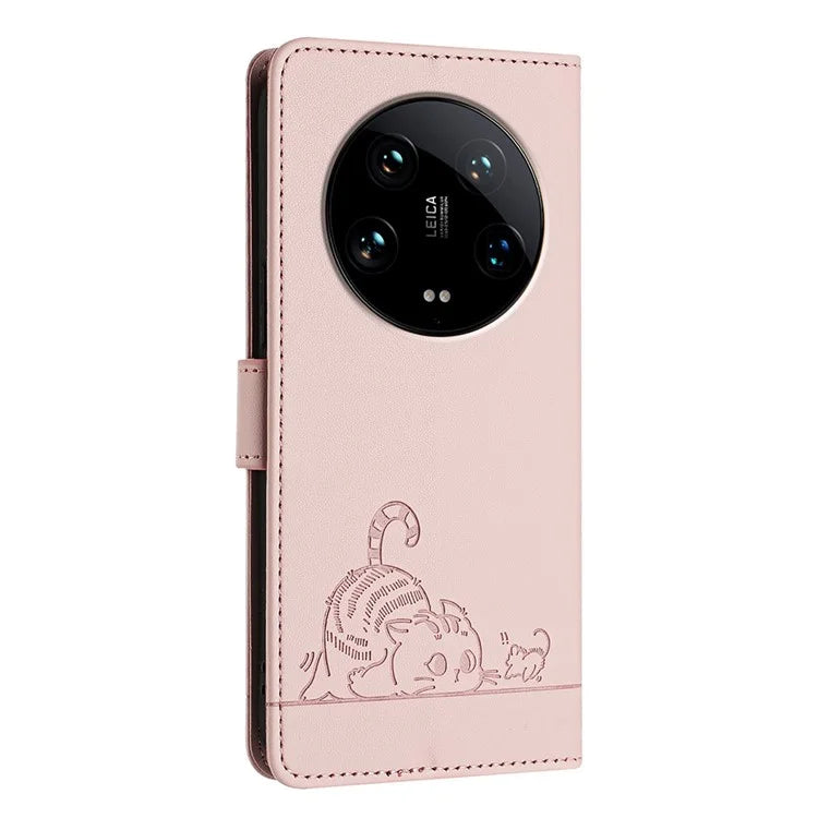 YB Imprinting Series-9 for Xiaomi 14 Ultra Case Flip Stand Function Leather Phone Cover Cat Mouse Pattern