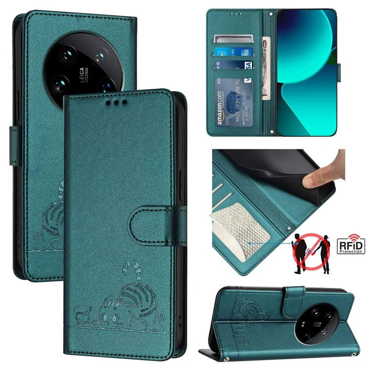YB Imprinting Series-9 for Xiaomi 14 Ultra Case Flip Stand Function Leather Phone Cover Cat Mouse Pattern