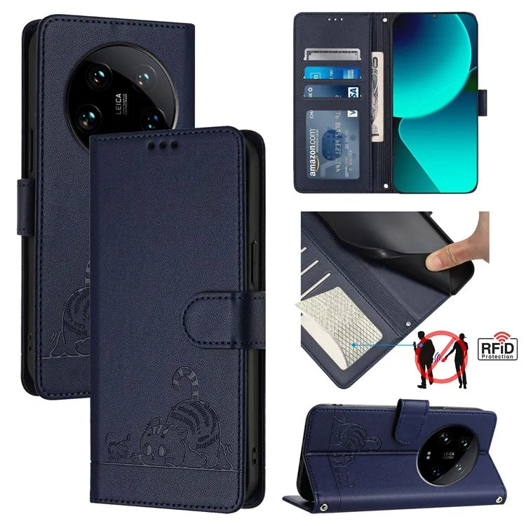 YB Imprinting Series-9 for Xiaomi 14 Ultra Case Flip Stand Function Leather Phone Cover Cat Mouse Pattern