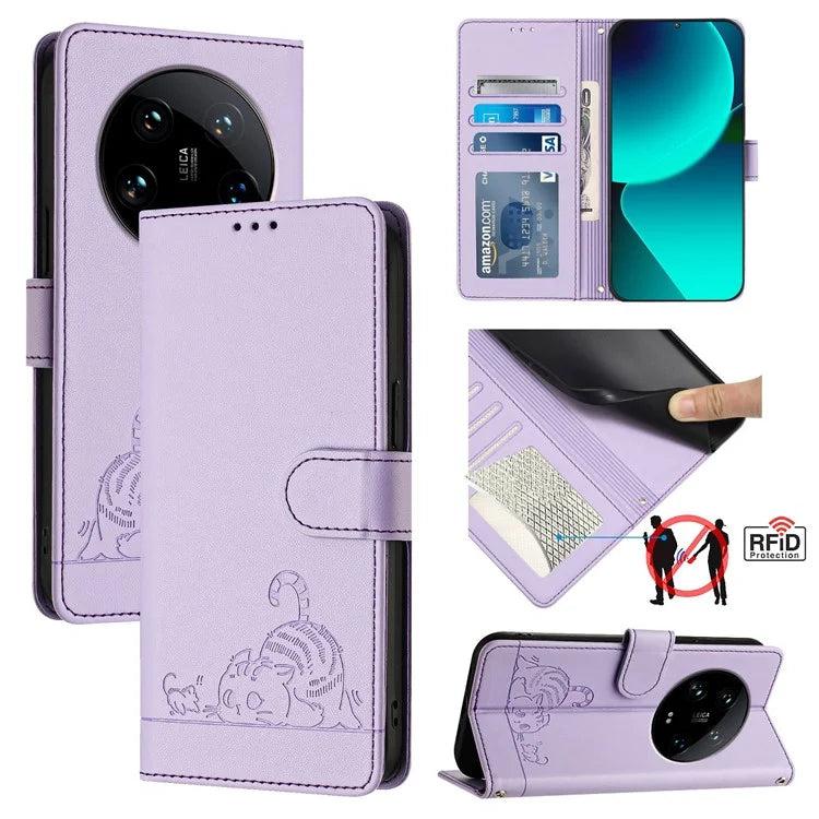 YB Imprinting Series-9 for Xiaomi 14 Ultra Case Flip Stand Function Leather Phone Cover Cat Mouse Pattern