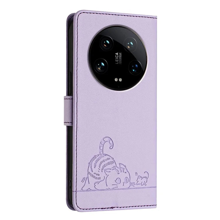 YB Imprinting Series-9 for Xiaomi 14 Ultra Case Flip Stand Function Leather Phone Cover Cat Mouse Pattern