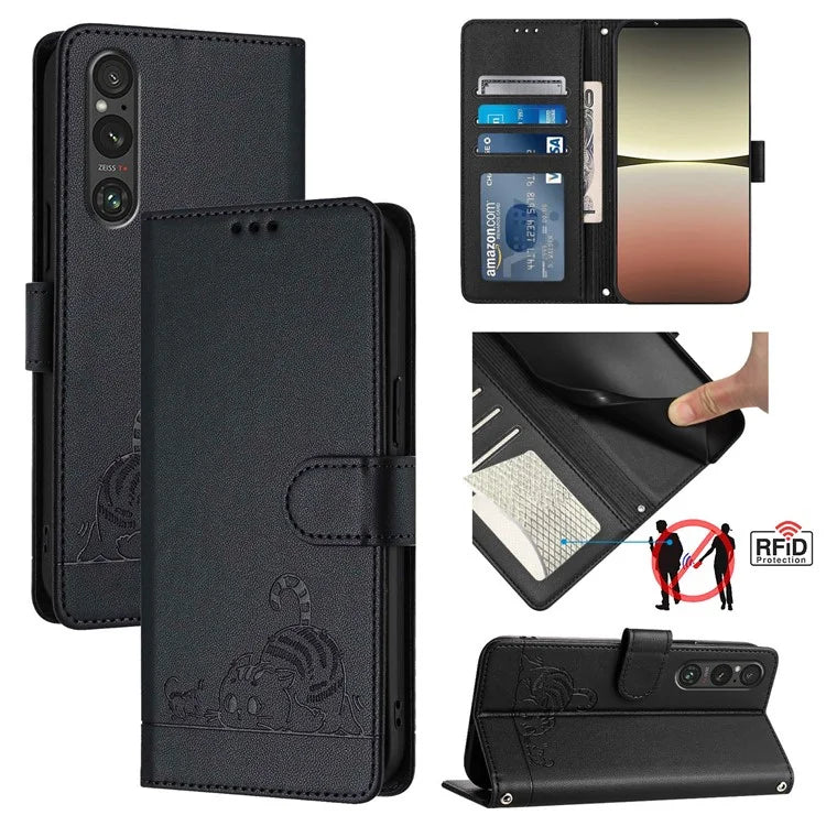 YB Imprinting Series-9 for Sony Xperia 1 V Case Stand View Leather Phone Cover Cat Mouse Pattern
