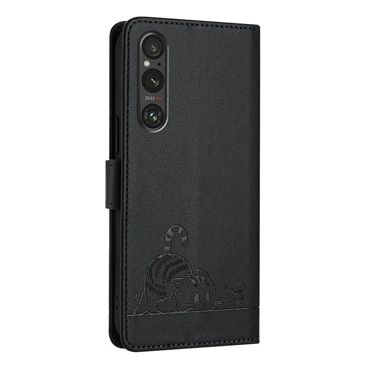 YB Imprinting Series-9 for Sony Xperia 1 V Case Stand View Leather Phone Cover Cat Mouse Pattern
