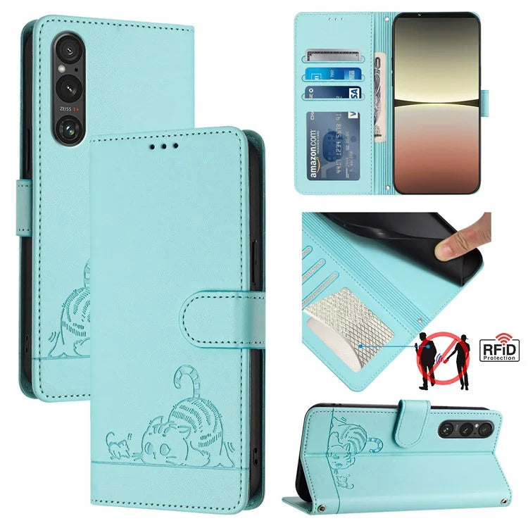 YB Imprinting Series-9 for Sony Xperia 1 V Case Stand View Leather Phone Cover Cat Mouse Pattern
