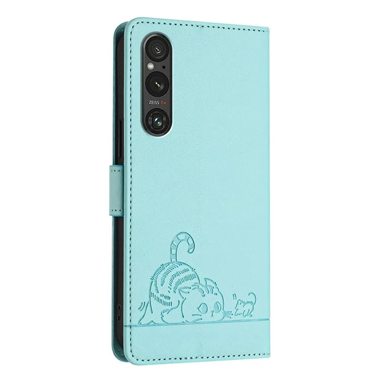 YB Imprinting Series-9 for Sony Xperia 1 V Case Stand View Leather Phone Cover Cat Mouse Pattern