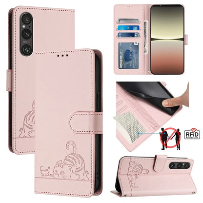 YB Imprinting Series-9 for Sony Xperia 1 V Case Stand View Leather Phone Cover Cat Mouse Pattern