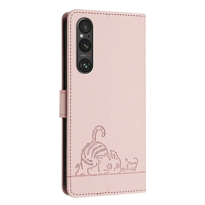 YB Imprinting Series-9 for Sony Xperia 1 V Case Stand View Leather Phone Cover Cat Mouse Pattern