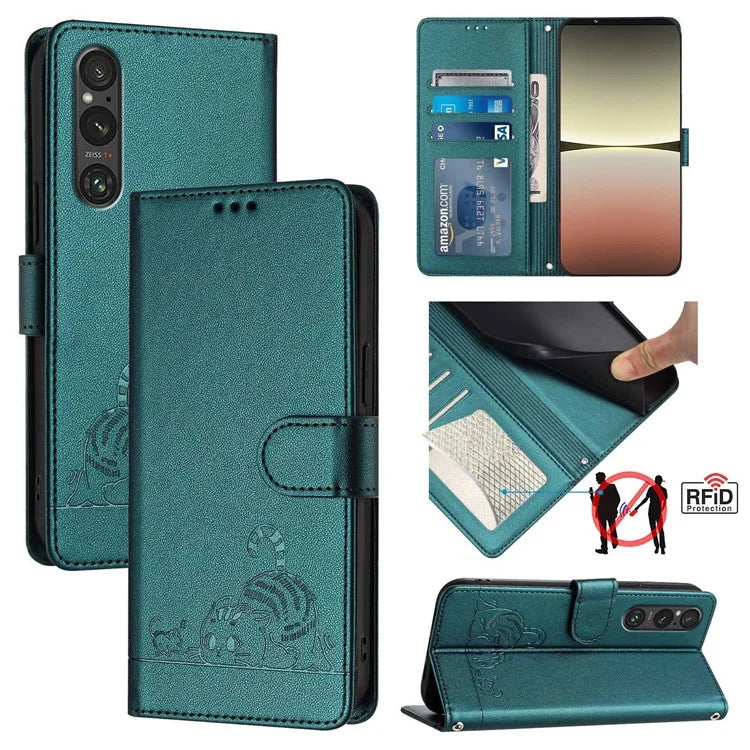 YB Imprinting Series-9 for Sony Xperia 1 V Case Stand View Leather Phone Cover Cat Mouse Pattern