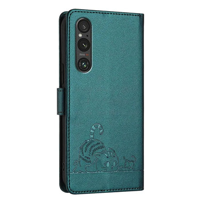 YB Imprinting Series-9 for Sony Xperia 1 V Case Stand View Leather Phone Cover Cat Mouse Pattern