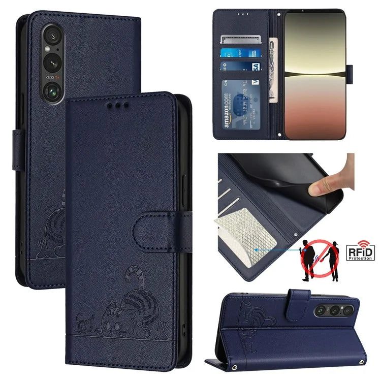 YB Imprinting Series-9 for Sony Xperia 1 V Case Stand View Leather Phone Cover Cat Mouse Pattern