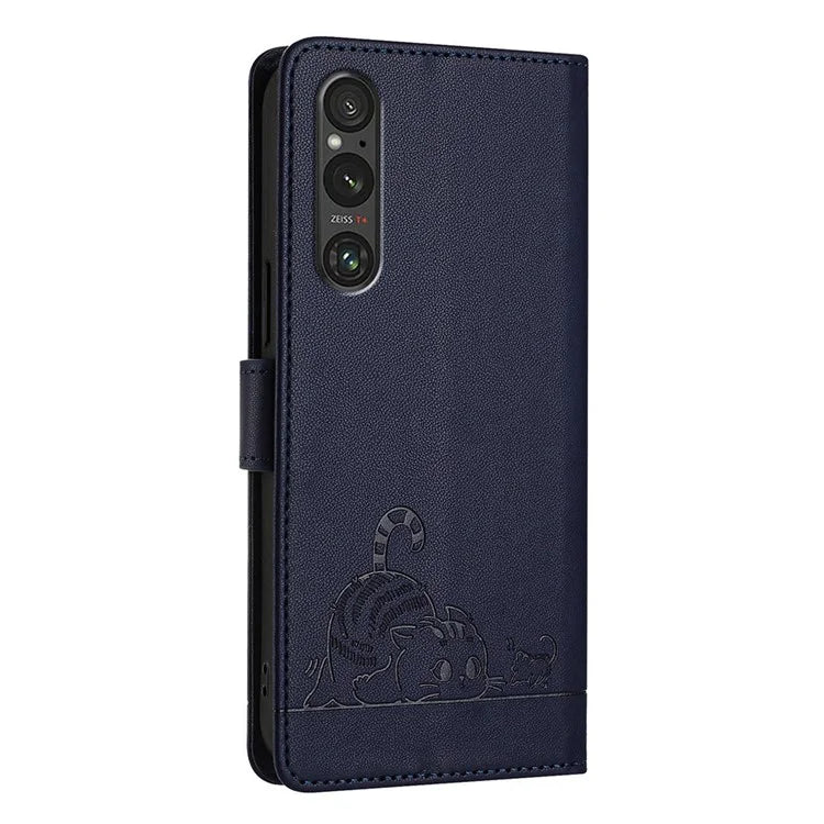 YB Imprinting Series-9 for Sony Xperia 1 V Case Stand View Leather Phone Cover Cat Mouse Pattern