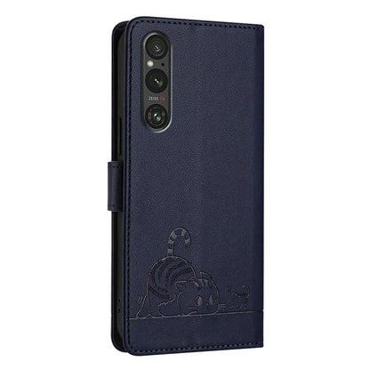 YB Imprinting Series-9 for Sony Xperia 1 V Case Stand View Leather Phone Cover Cat Mouse Pattern