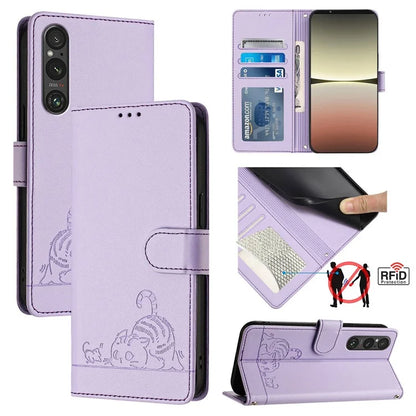 YB Imprinting Series-9 for Sony Xperia 1 V Case Stand View Leather Phone Cover Cat Mouse Pattern