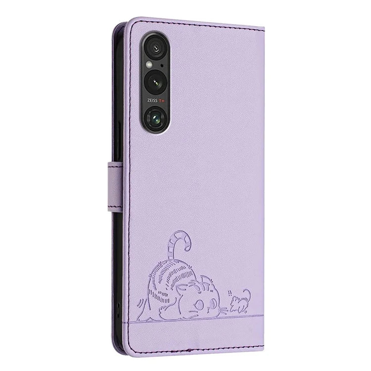 YB Imprinting Series-9 for Sony Xperia 1 V Case Stand View Leather Phone Cover Cat Mouse Pattern