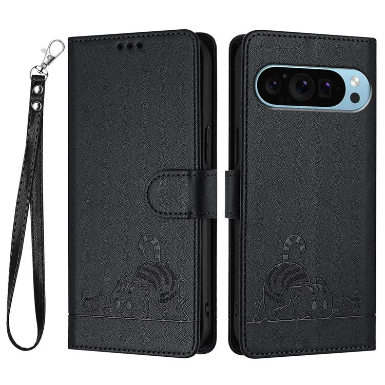 YB Imprinting Series-9 for Google Pixel 9 / 9 Pro Case PU Leather Cat Mouse Folio Phone Cover