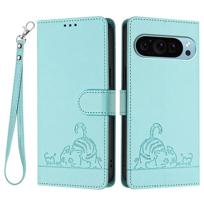 YB Imprinting Series-9 for Google Pixel 9 / 9 Pro Case PU Leather Cat Mouse Folio Phone Cover