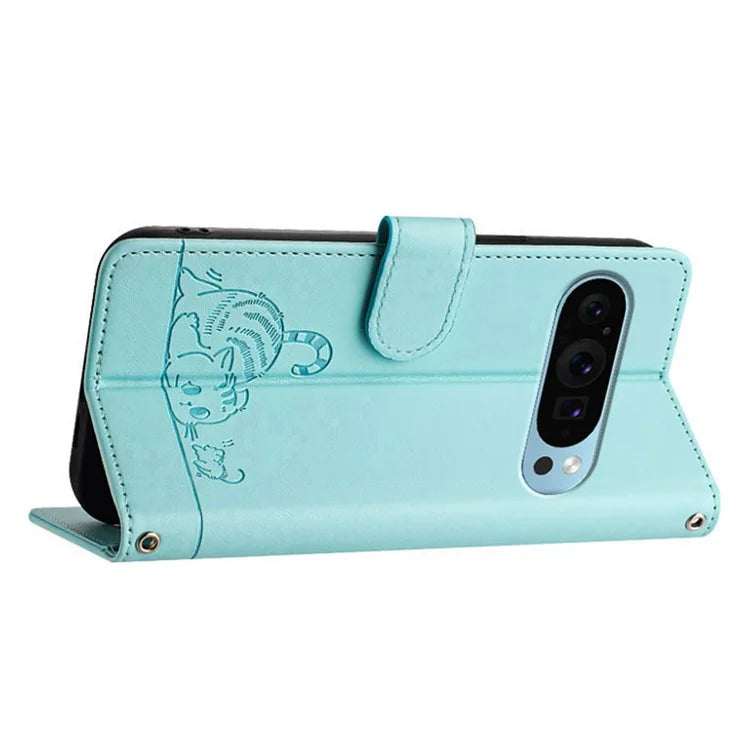YB Imprinting Series-9 for Google Pixel 9 / 9 Pro Case PU Leather Cat Mouse Folio Phone Cover