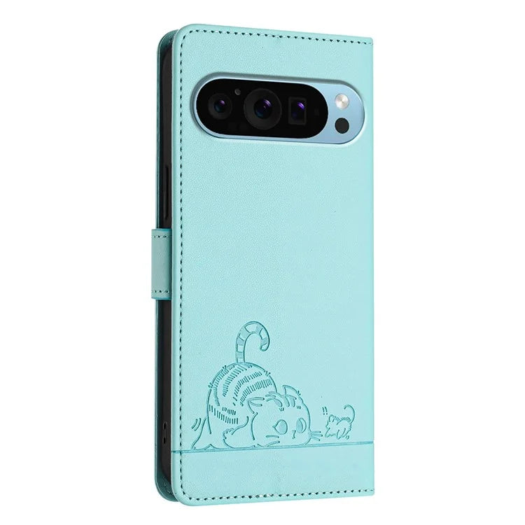 YB Imprinting Series-9 for Google Pixel 9 / 9 Pro Case PU Leather Cat Mouse Folio Phone Cover