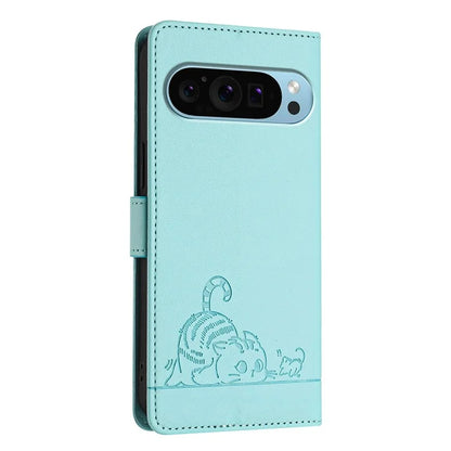 YB Imprinting Series-9 for Google Pixel 9 / 9 Pro Case PU Leather Cat Mouse Folio Phone Cover