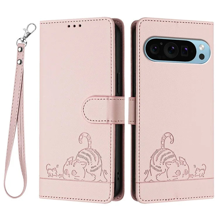 YB Imprinting Series-9 for Google Pixel 9 / 9 Pro Case PU Leather Cat Mouse Folio Phone Cover