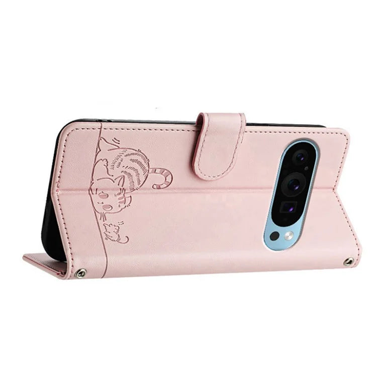 YB Imprinting Series-9 for Google Pixel 9 / 9 Pro Case PU Leather Cat Mouse Folio Phone Cover