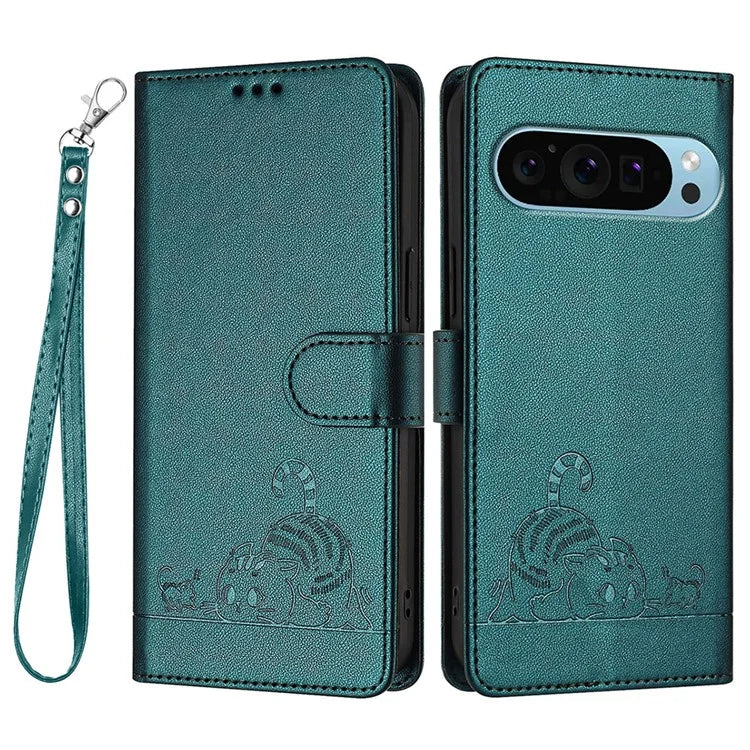 YB Imprinting Series-9 for Google Pixel 9 / 9 Pro Case PU Leather Cat Mouse Folio Phone Cover