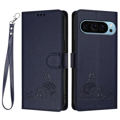 YB Imprinting Series-9 for Google Pixel 9 / 9 Pro Case PU Leather Cat Mouse Folio Phone Cover