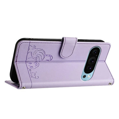YB Imprinting Series-9 for Google Pixel 9 / 9 Pro Case PU Leather Cat Mouse Folio Phone Cover