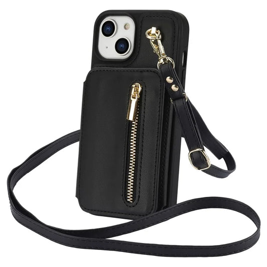 For iPhone 14 Plus Case Kickstand Zipper Pocket Leather+TPU Phone Cover