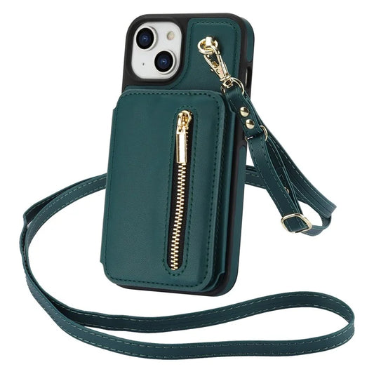 For iPhone 14 Plus Case Kickstand Zipper Pocket Leather+TPU Phone Cover ish Green
