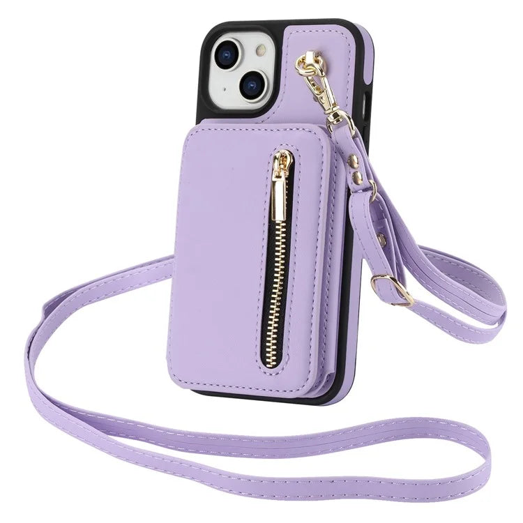 For iPhone 14 Plus Case Kickstand Zipper Pocket Leather+TPU Phone Cover